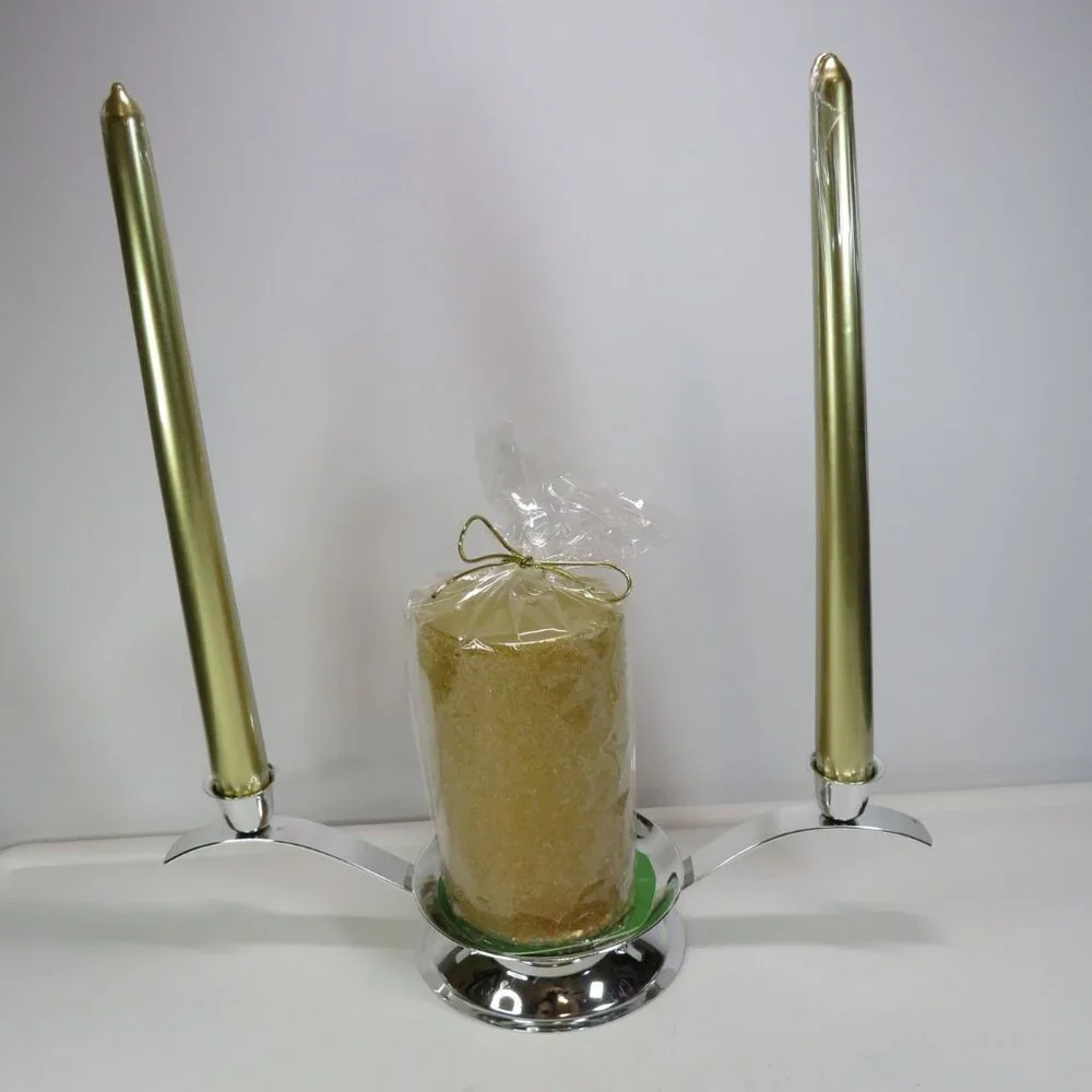 Chrome Candelabra w Gold Beaded Pillar Candle & Candlestick votive